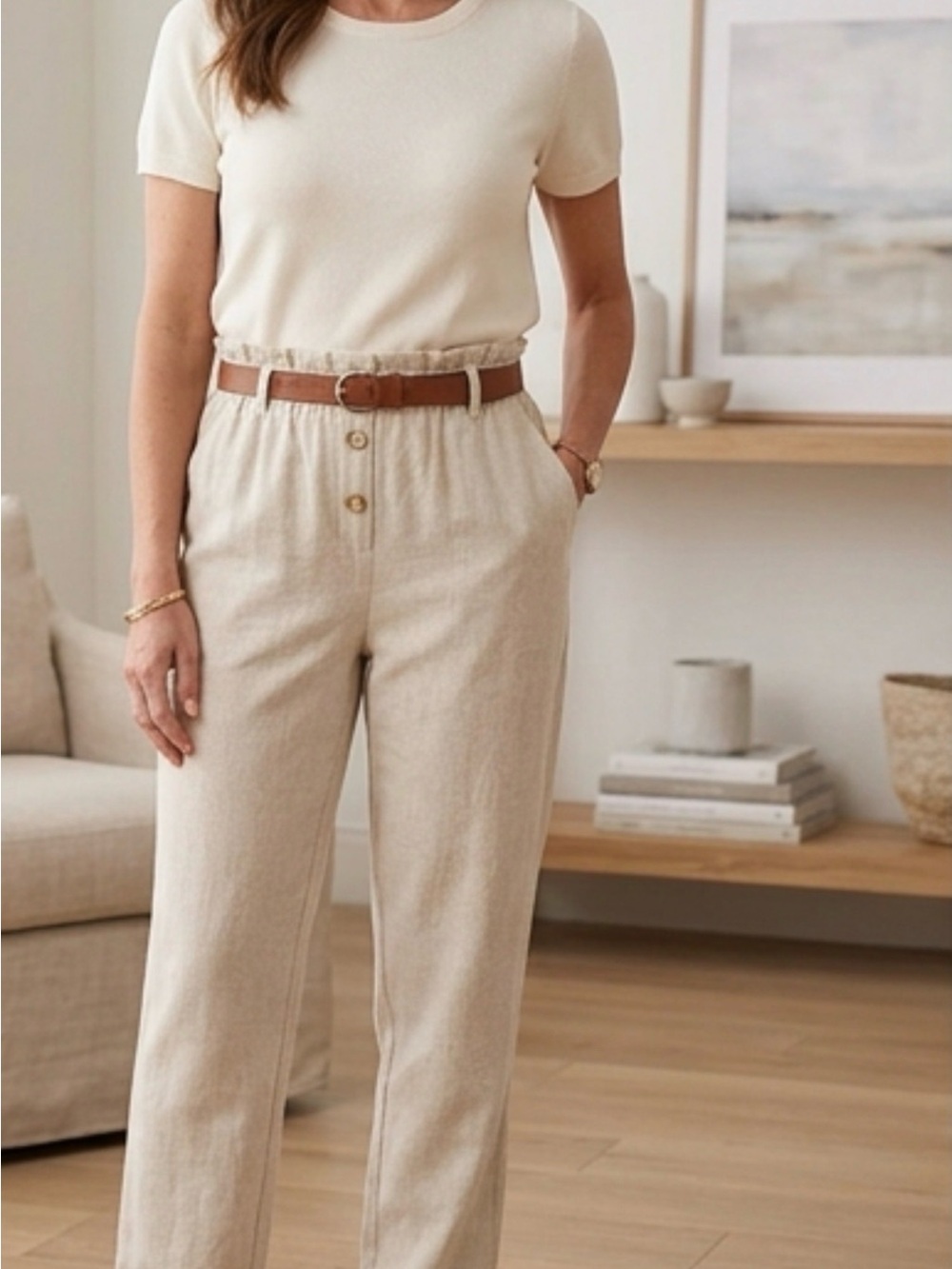 Briggs New York Linen-Blend Paperbag Pull-On Pants in Beige - Size L 0340
